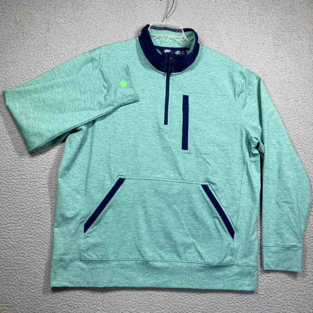 Lands' End Quarter Zip Pullover‎ Mens Large Teal Heather Navy Stretch Pocket